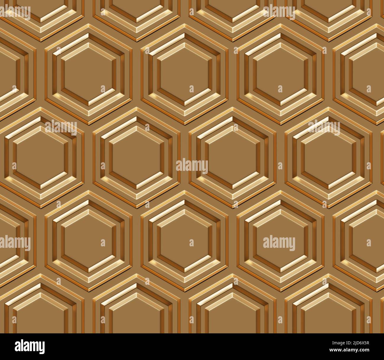 Goldene Sechsecke abstrakter Hintergrund. Geometrisches Nahtmuster. 3D Abbildung. Stockfoto