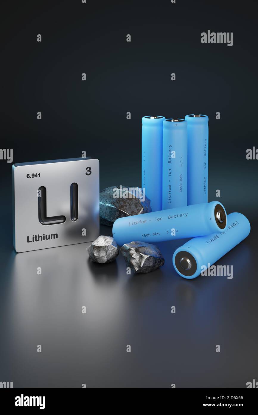 Lithium - Ionen-Batterien und Symbol für Lithium-Elemente. 3D Abbildung. Stockfoto