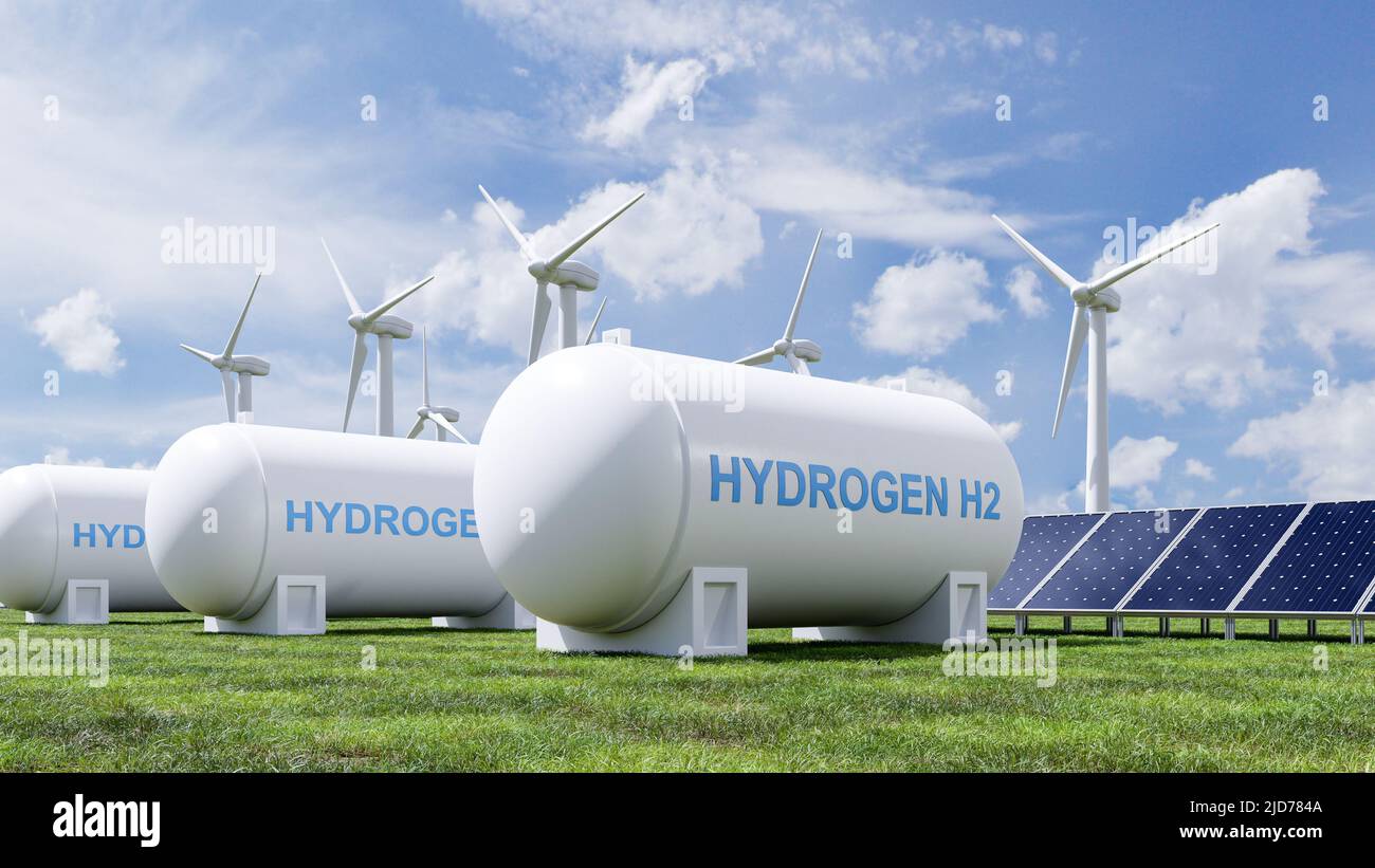 Wasserstoff-Energiespeicher Gastank für sauberen Strom Solar-und Windkraftanlage.3D Rendering Stockfoto