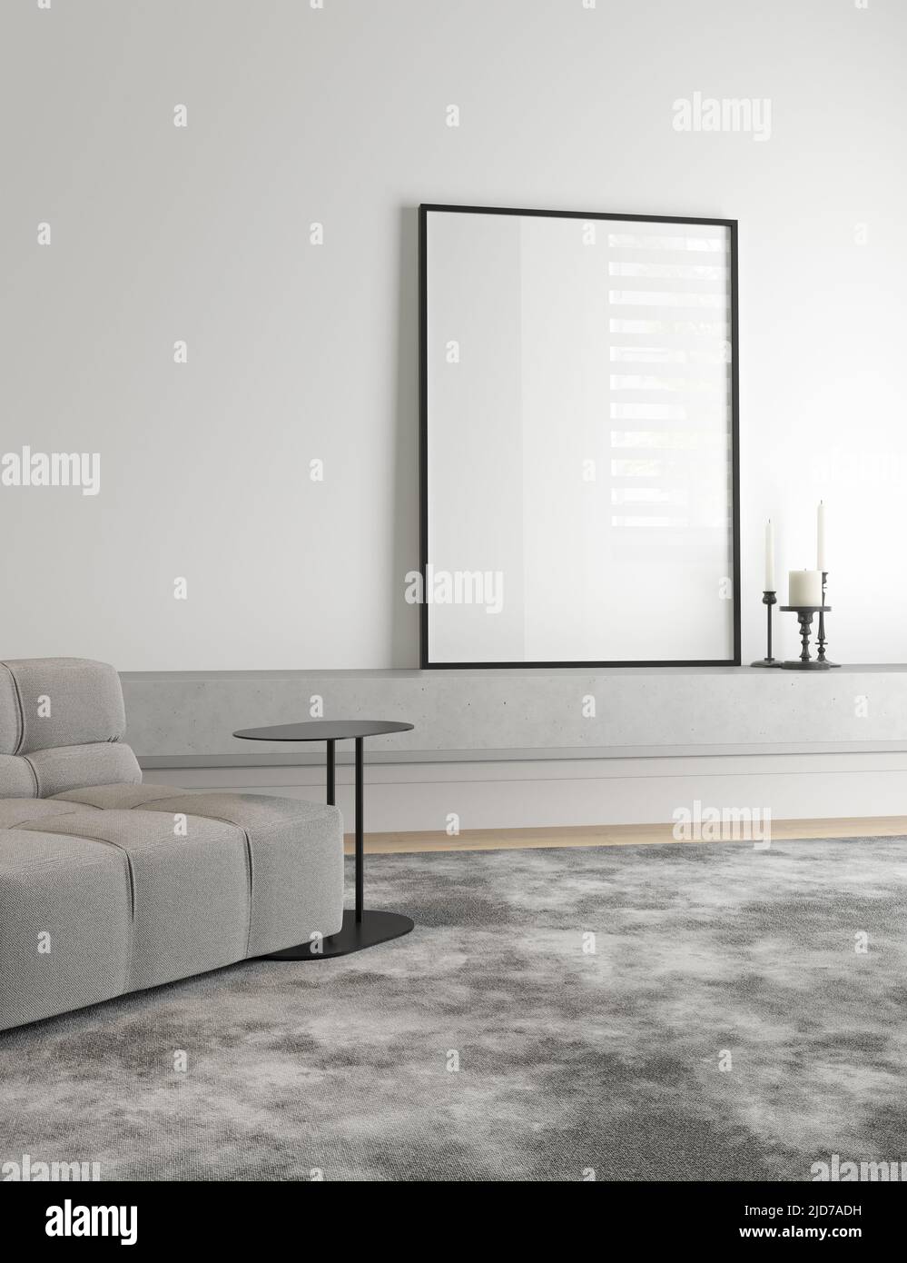3D Illustration eines leeren schwarzen Rahmens in minimalistischem Interieur, Mockup Wohnzimmer Stockfoto
