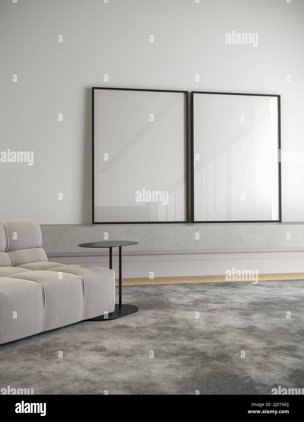 3D Illustration von zwei leeren schwarzen Rahmen in minimalistischem Interieur, Mockup Wohnzimmer Stockfoto