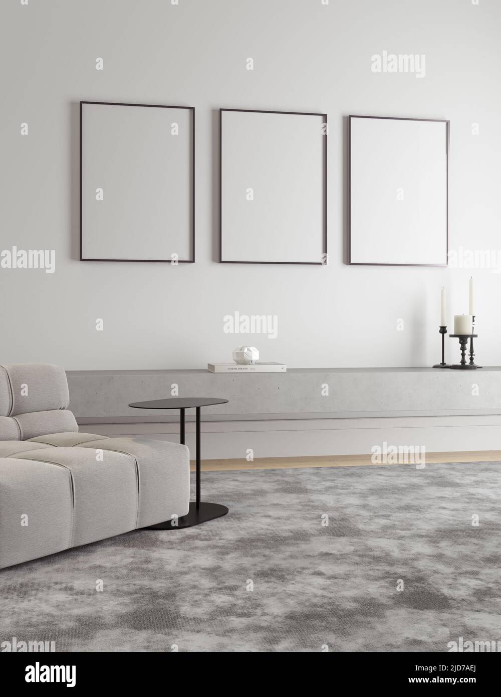 3D Illustration von drei leeren schwarzen Rahmen in minimalistischem Interieur, Mockup Wohnzimmer; Stockfoto