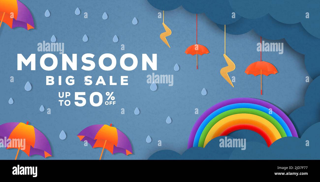Monsun Saison Verkauf Banner Poster Promotion in Papierschnitt Kunst Stock Vektor