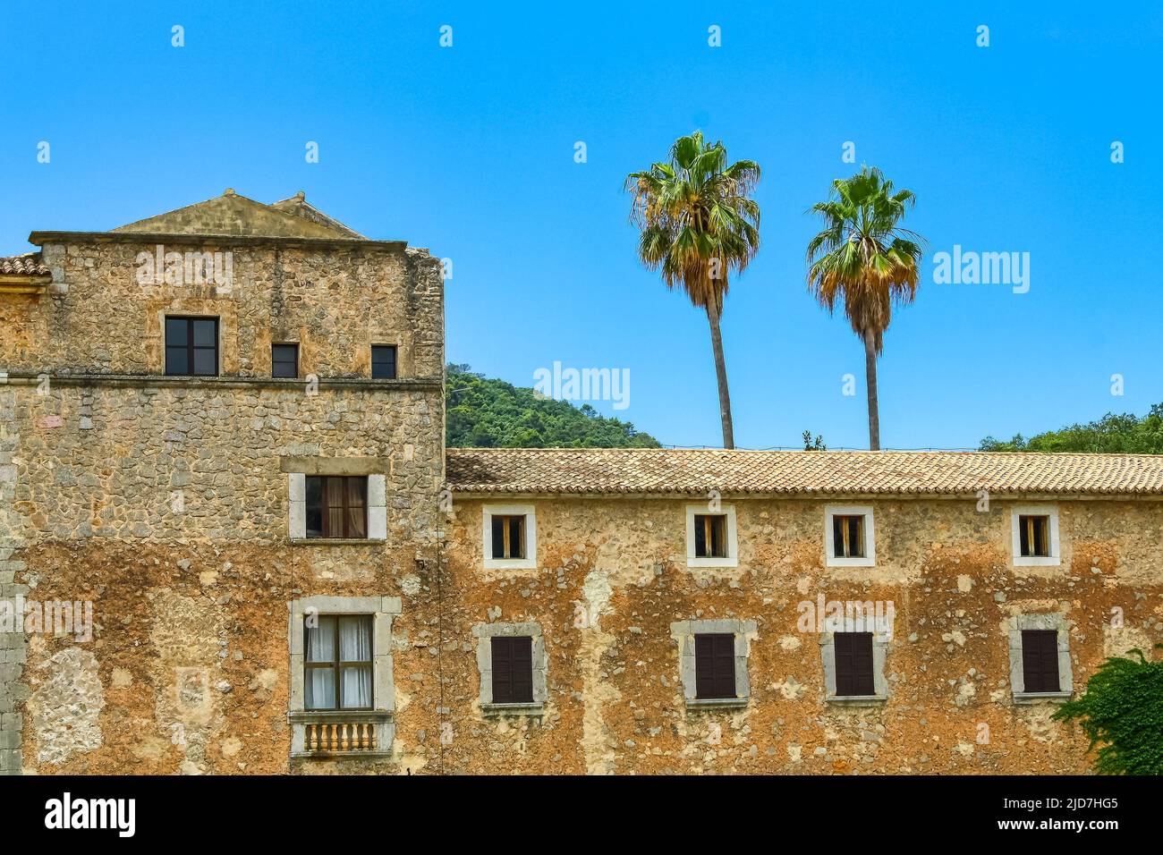 Alte Steinkonstruktion mit Palmen auf der Insel Mallorca. Stockfoto