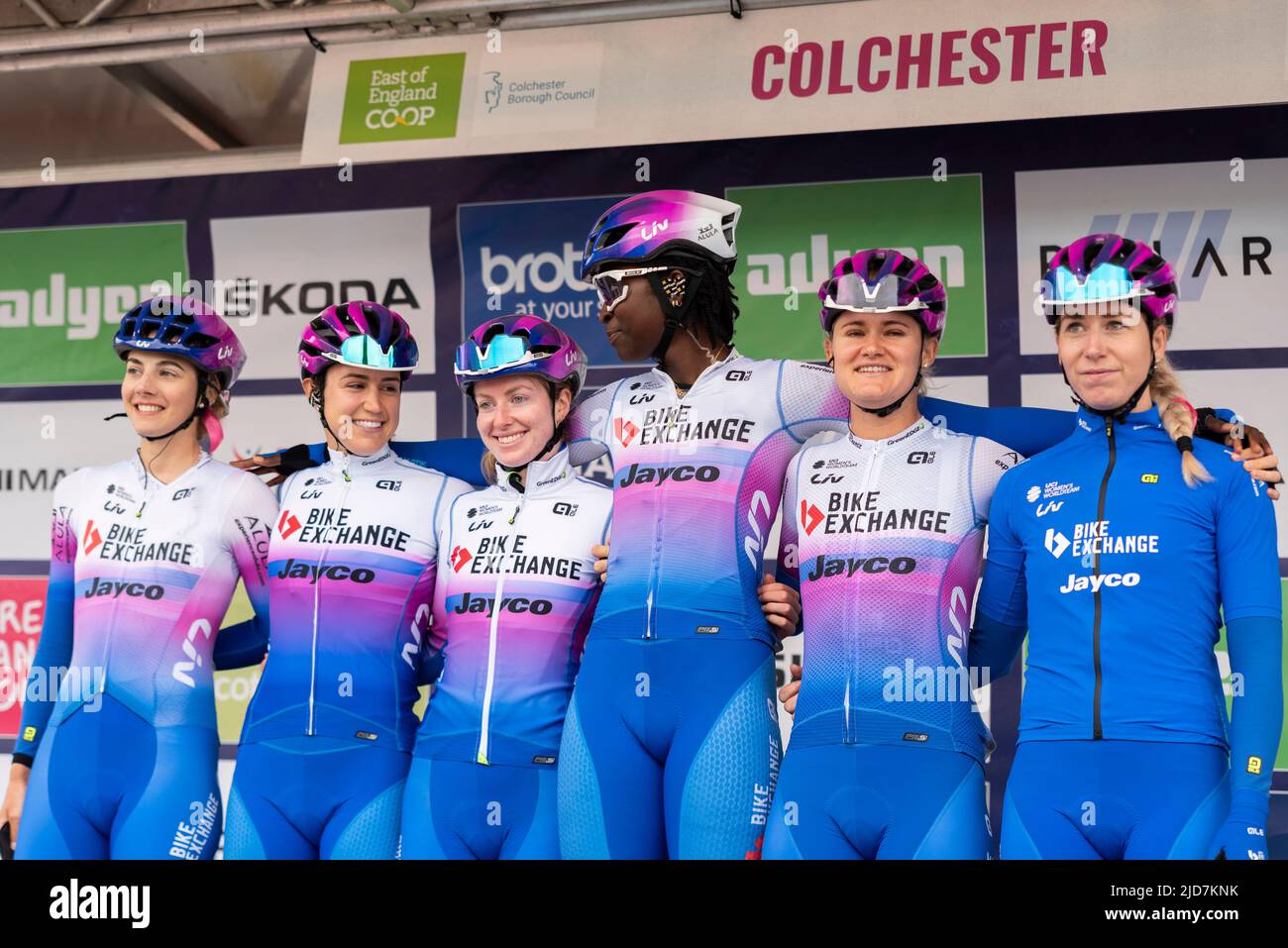 Arianna Fidanza, Kristen Faulkner, Alexandra Manly, Teniel Campbell, Georgia Williams, Nina Kessler Riders vom Team BikeExchange Jayco. Frauen-Tour Stockfoto