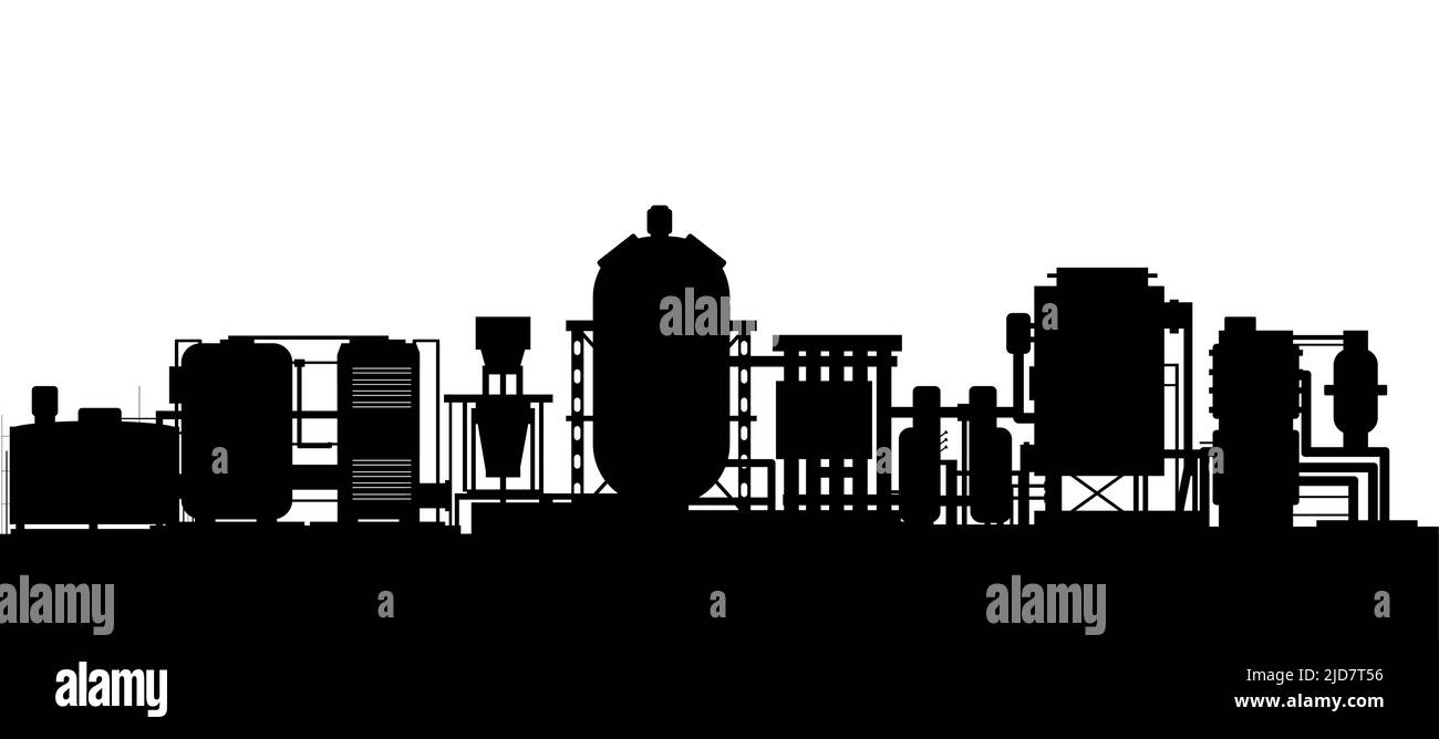 Produktionsanlage. Silhouette von Objekten. Industrielle technische Ausrüstung. Werkschemikalien. Nahtlose horizontale Komposition. Moderne Technologie Stock Vektor