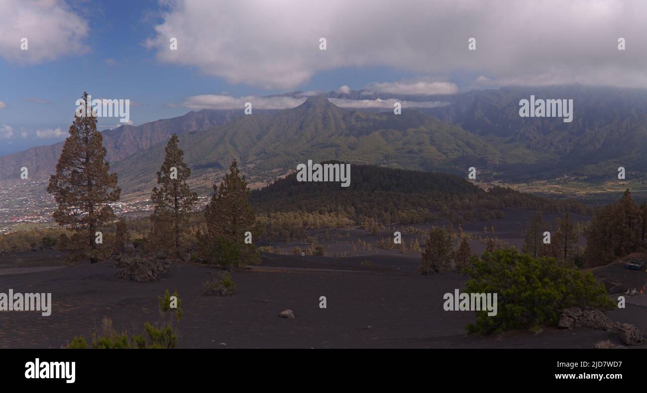 La Palma, Landschaft des zentralen Teils der Insel, in El Paso Gemeinde schwarze Dünen von Vulkanasche aus 2021 Vulkan, Canary Pines Stockfoto