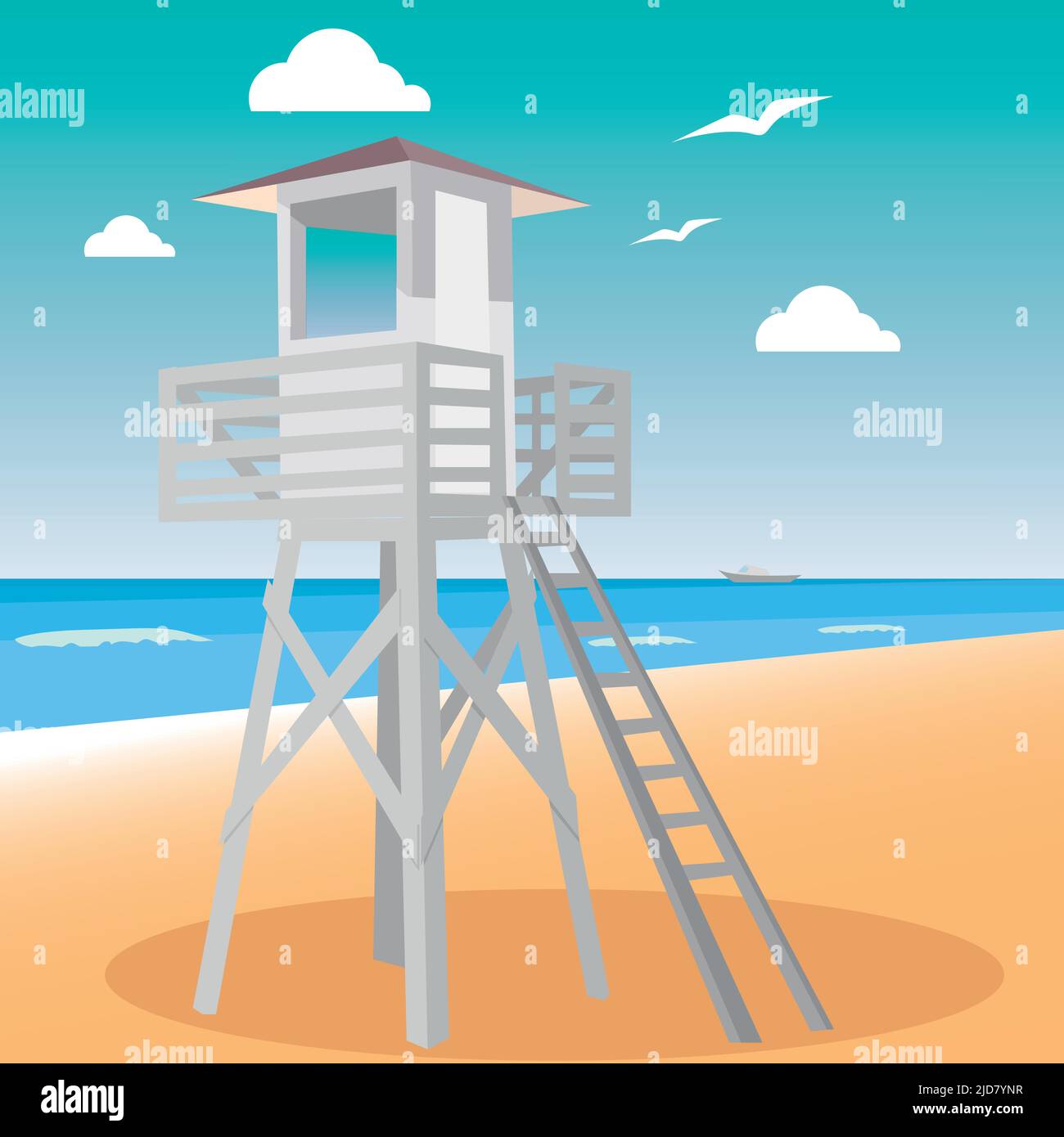 Wachturm für Rettungsschwimmer am Strand. Sonniger Tag an der Küste mit einer Hütte zum Beobachten des Meeres Stock Vektor