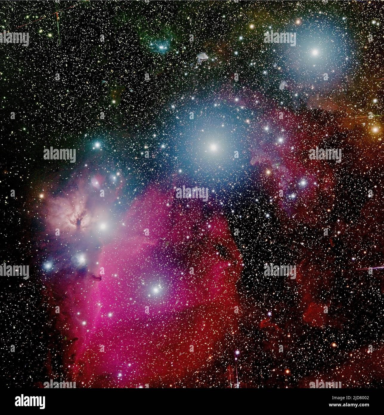 Orions Gürtel mit den drei hellen Sternen Alnitak, Alnilam und Mintaka. Wir sehen auch den dunklen Pferdekopfnebel (B33) gegen den Emissionsnebel Stockfoto