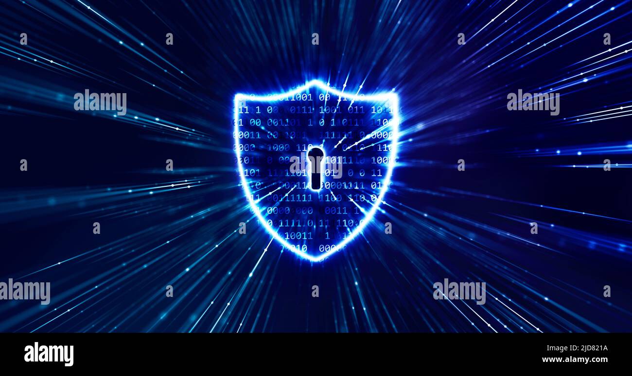 Konzept für Datenschutz und Cyber-Sicherheit. Abschirmung mit Schlüssellochsymbol auf digitalen Daten. Stockfoto