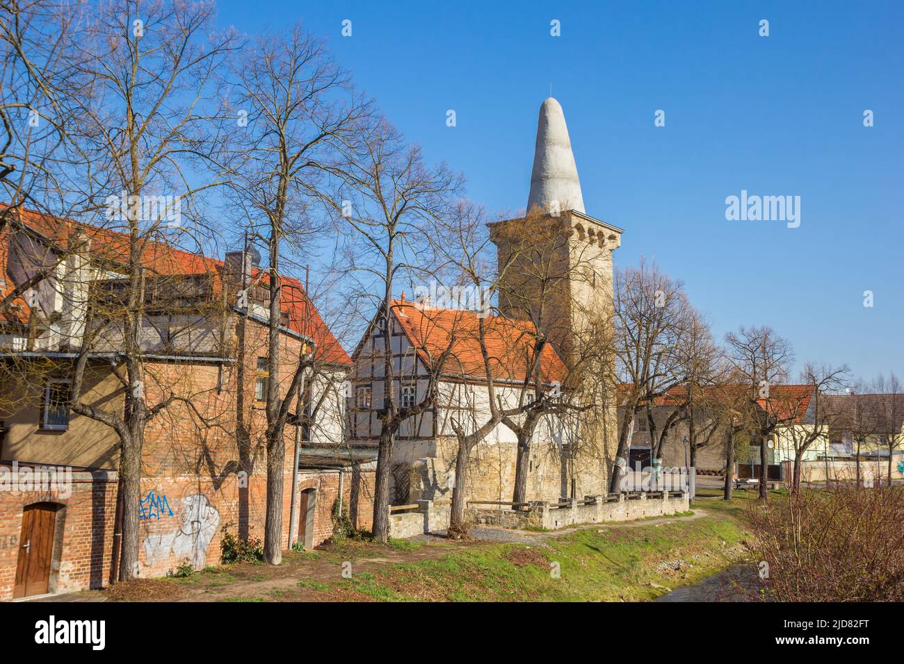 Historischer Turm Zuckerhut der Stadtmauer in Hettstedt, Deutschland Stockfoto