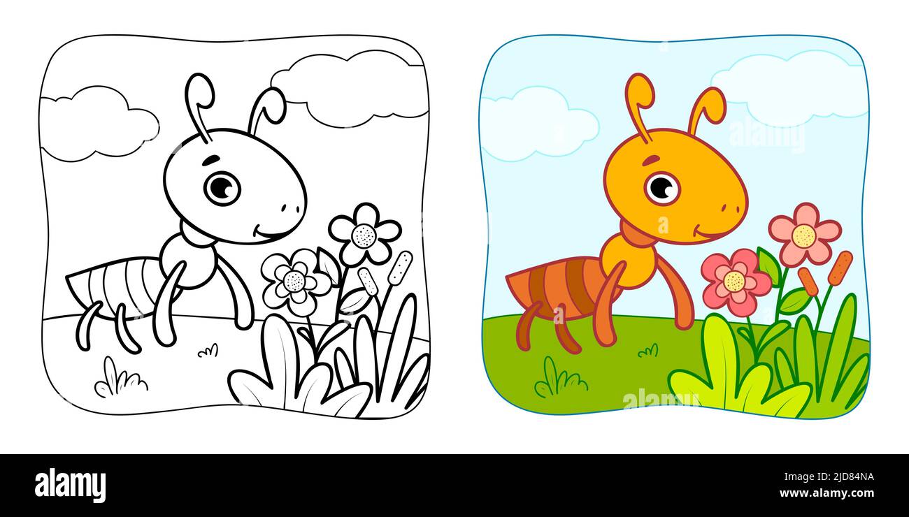 Malbuch oder Malseite für Kinder. Ant-Vektor-Illustration Clipart. Natur Hintergrund. Stock Vektor
