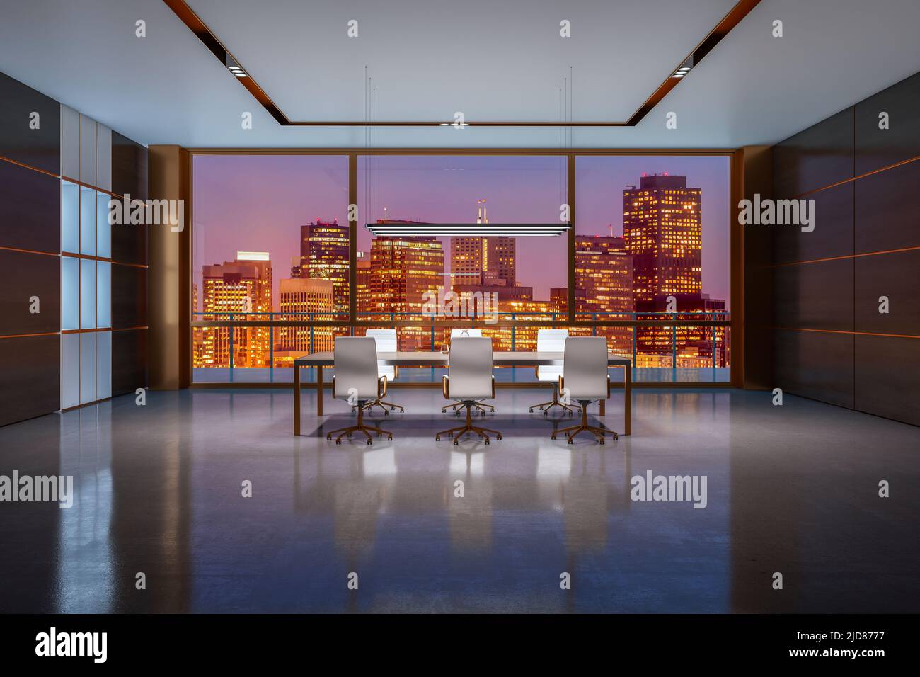 Blick von vorne auf die Stadt bei Nacht vom riesigen Fenster des modernen Konferenzraums mit Metalltisch, weißen Bürostühlen und dunklen glänzenden Stühlen Stockfoto