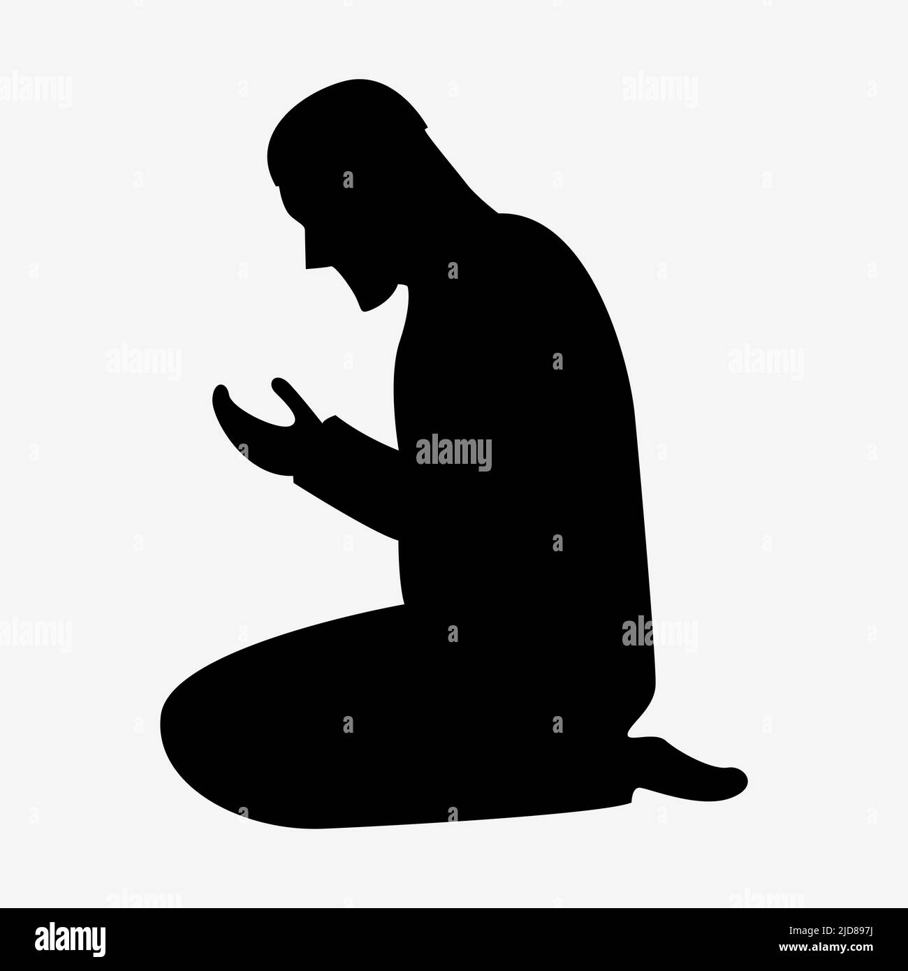 Junger muslimischer Mann, der Salat betet, schwarze Silhouette, traditionell bekleideter muslimischer Mann, der ein Flehen (salah) macht, während er auf einem Betteppich sitzt Stock Vektor
