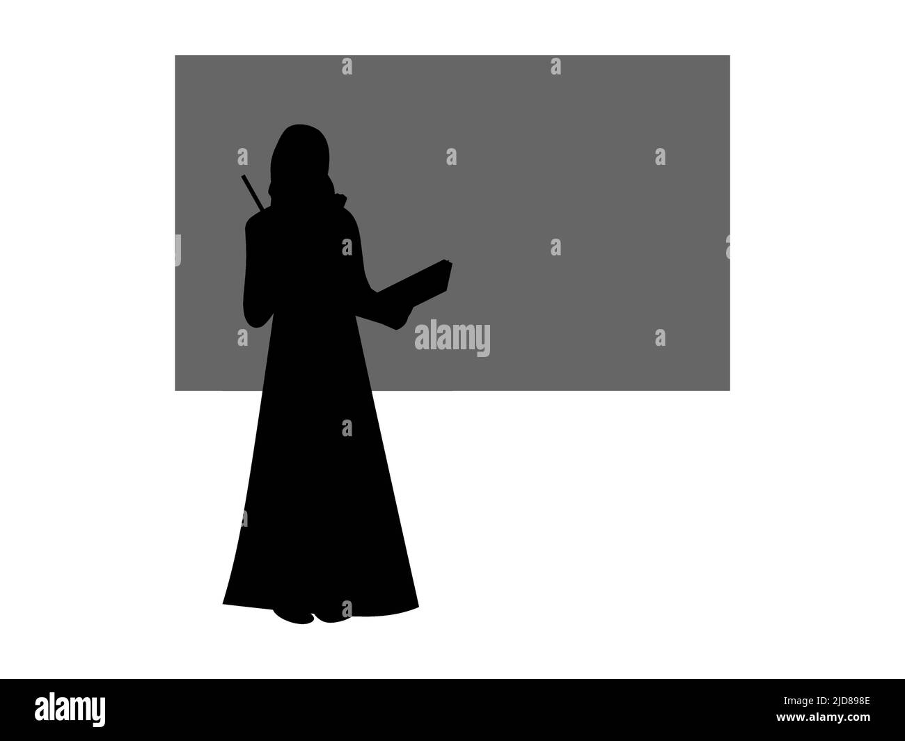 Islamischer Hijabi-Lehrer, der die Klasse an Bord oder auf Folien unterrichtet, schwarze Silhouette Stock Vektor