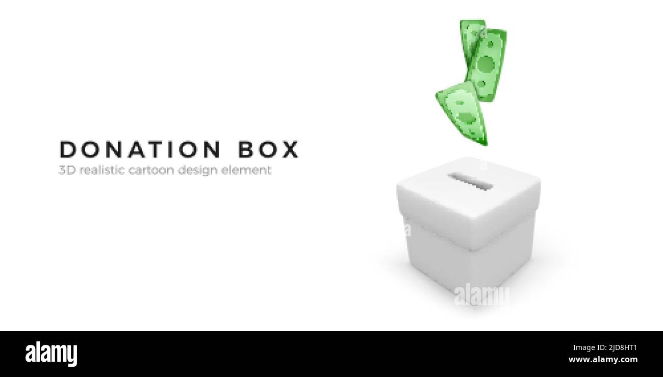 Weiße Spendenbox mit fallendem Papierdollar. 3D realistisches Wohltätigkeitskonzept und Spendenkonzept. Business Object für Banner und Poster. Vektorgrafik Stock Vektor