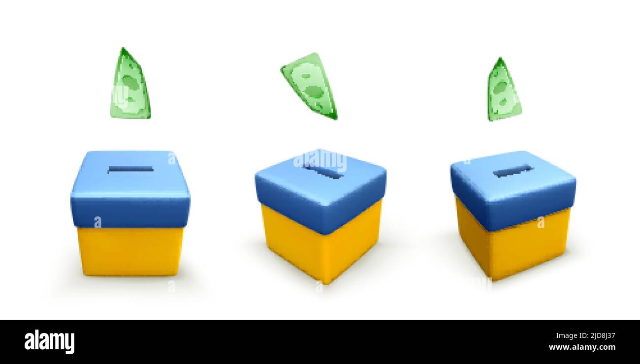Satz von fallenden grünen Papier Dollar in Spendenbox Farbe in der nationalen ukrainischen Flagge. Spendenaktion für die Opfer des Krieges in der Ukraine. Vektorgrafik Stock Vektor