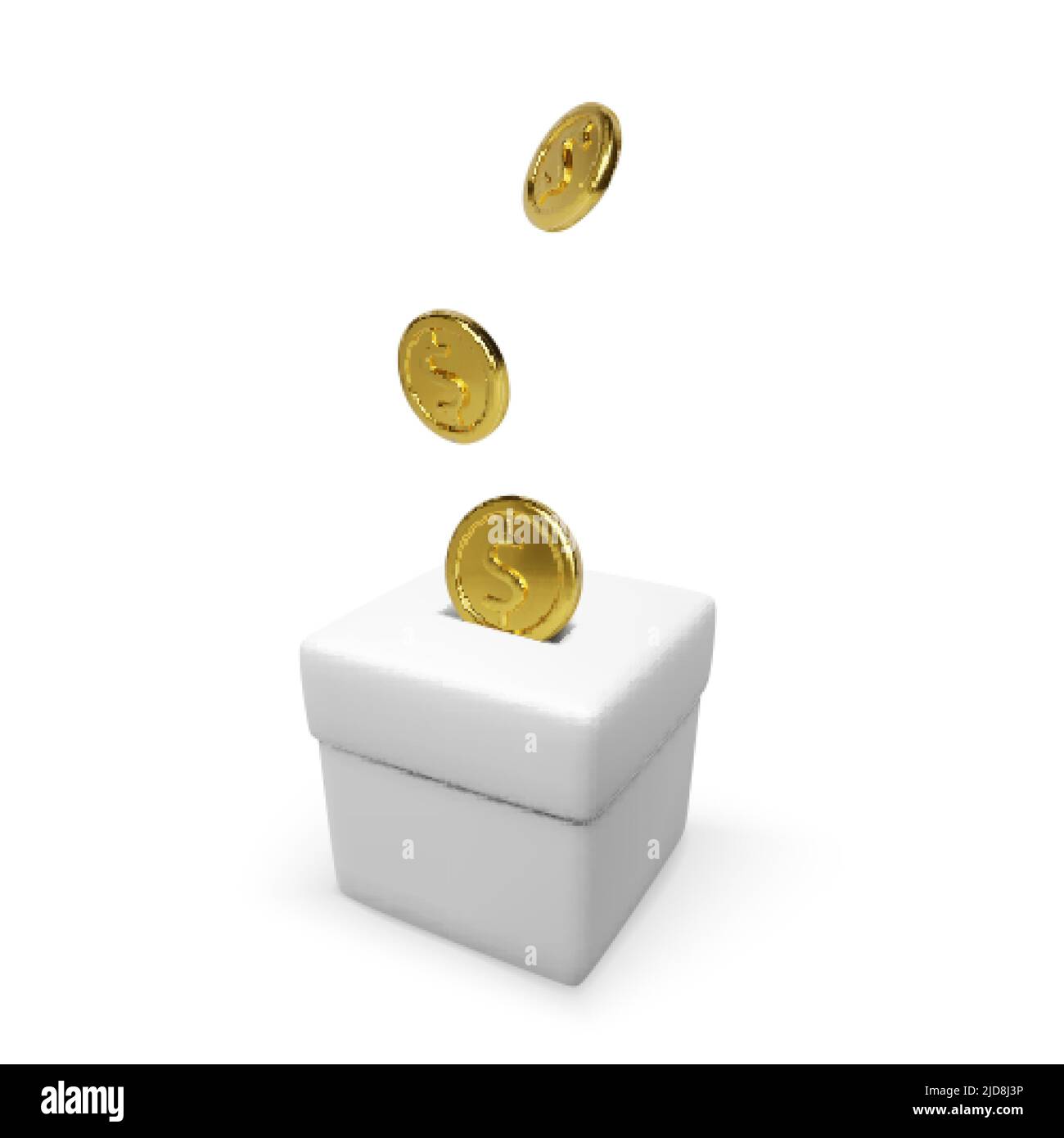 Weiße Spendenbox mit fallenden Goldmünzen. 3D realistisches Wohltätigkeitskonzept und Spendenkonzept. Business Object für Banner und Poster. Vektorgrafik Stock Vektor