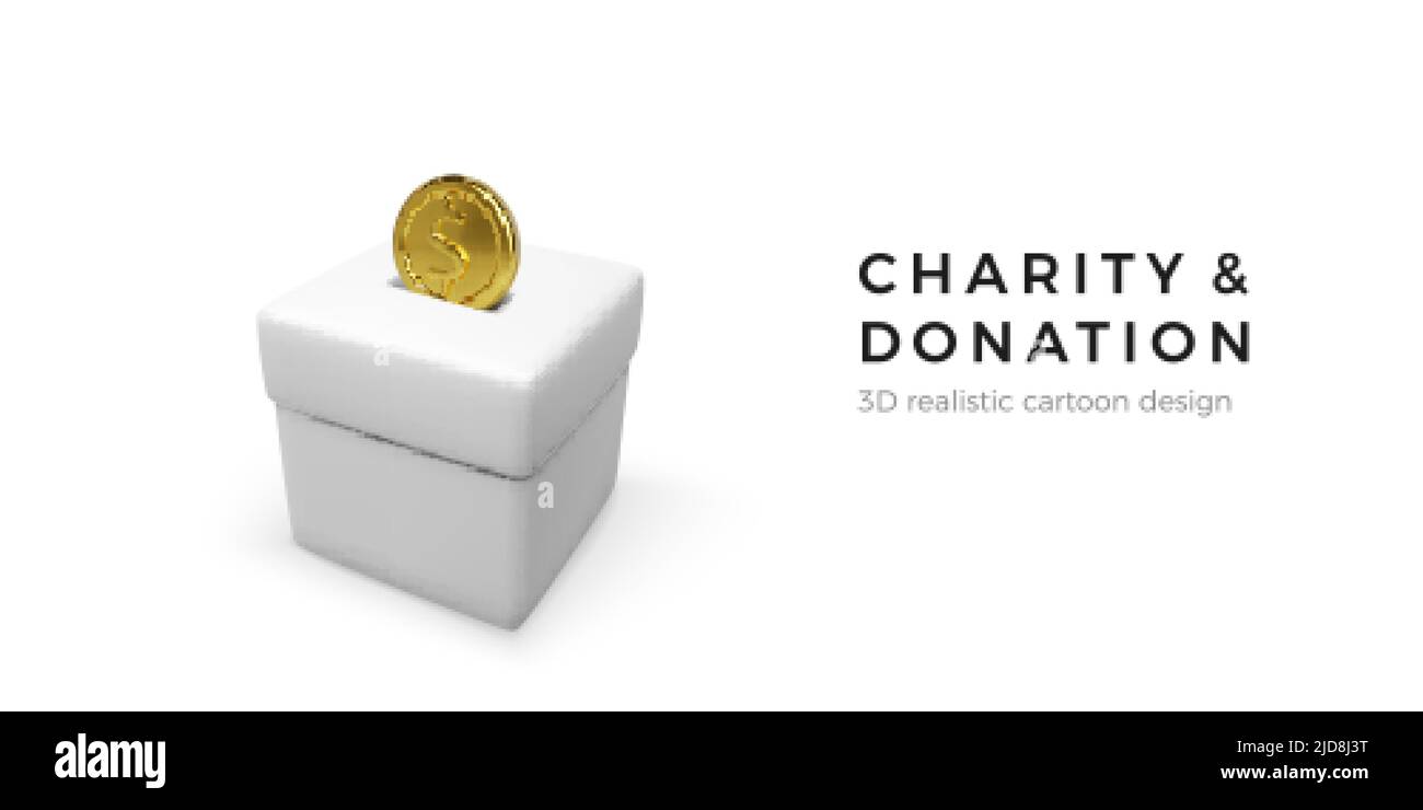 Weiße Spendenbox mit Goldmünze. 3D realistisches Wohltätigkeitskonzept und Spendenkonzept. Business Object für Banner und Poster. Vektorgrafik Stock Vektor