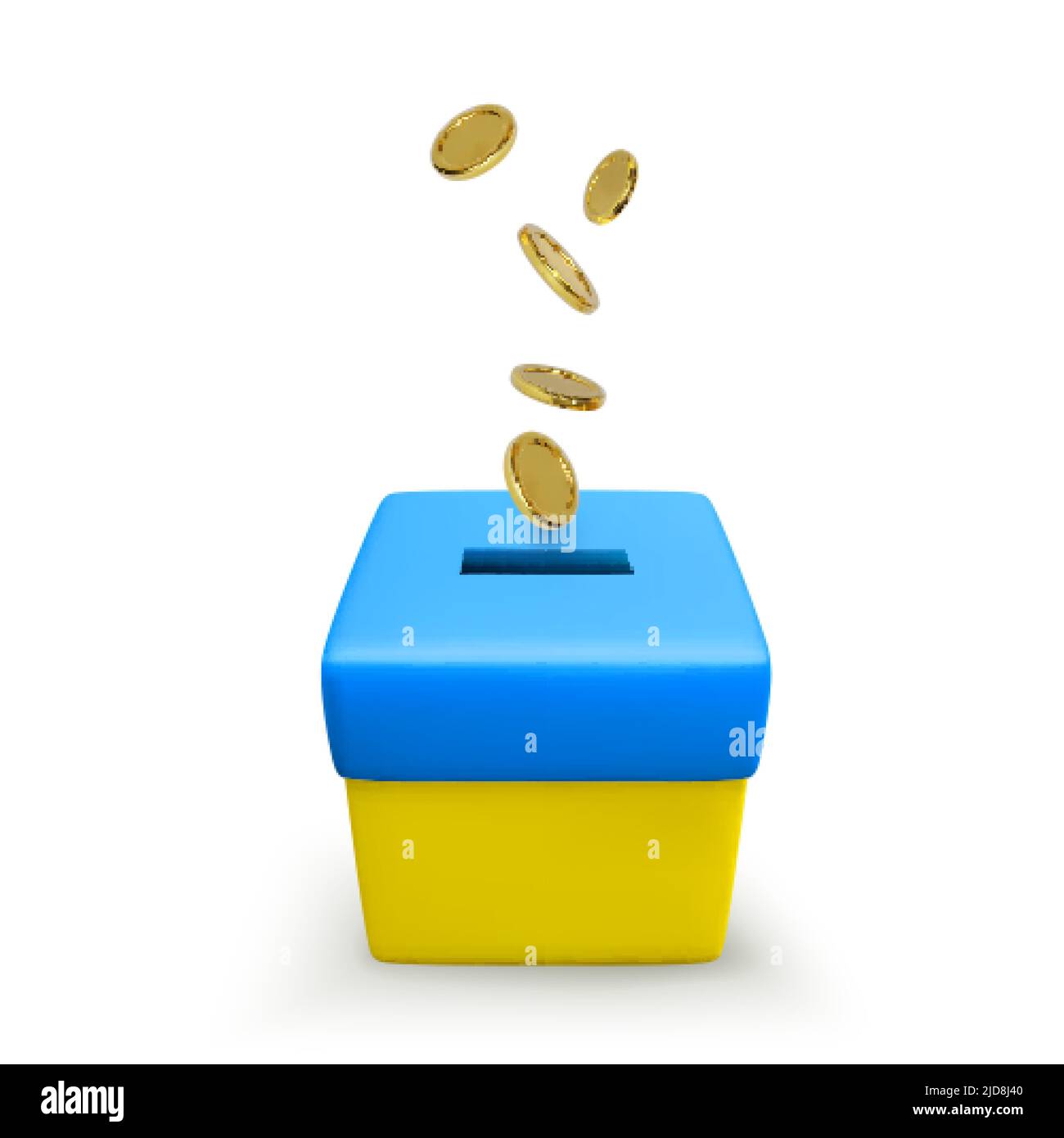 Spendenaktion für die Opfer des Krieges in der Ukraine. Fallende Goldmünzen in Spendenbox Farbe in ukrainischer Nationalflagge. Vektorgrafik Stock Vektor