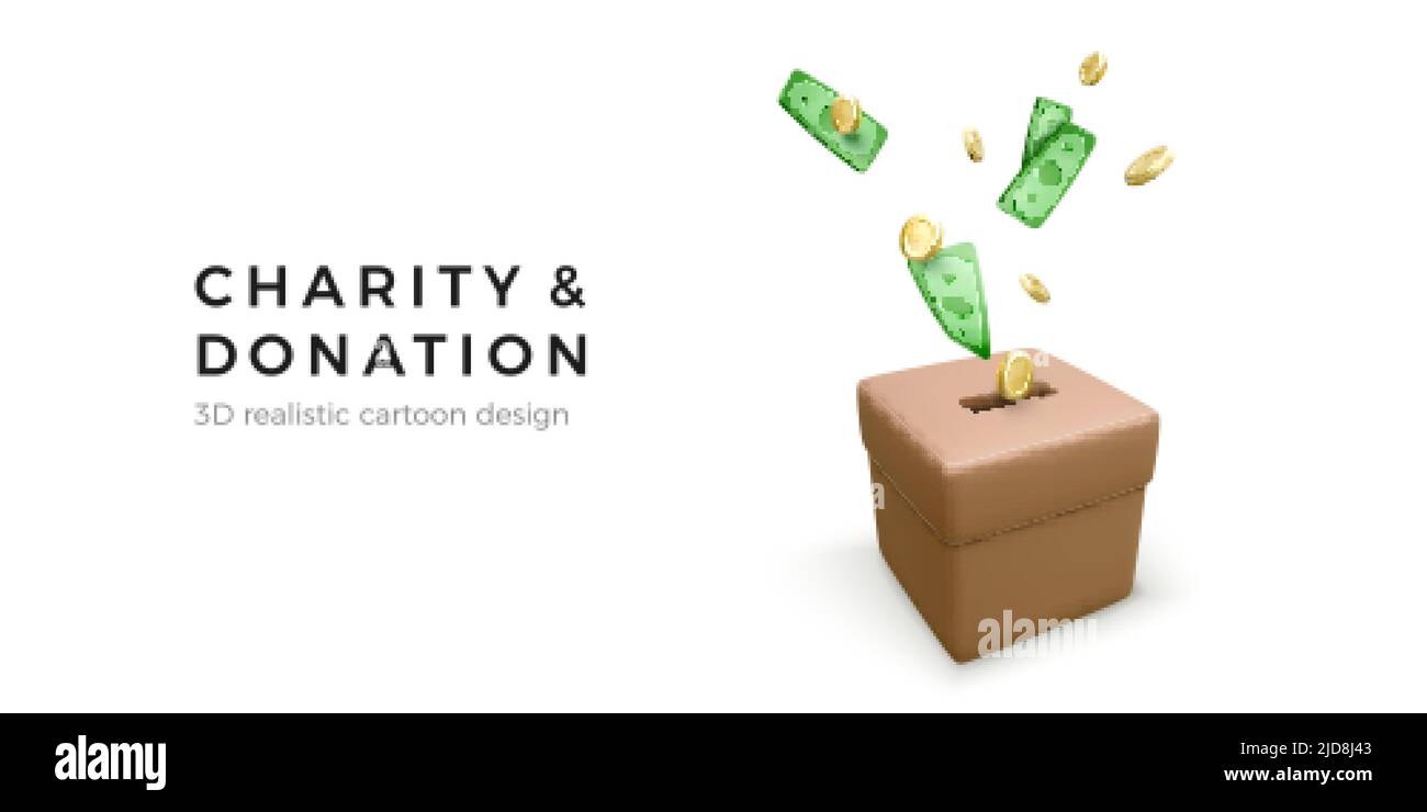 Braune Spendenbox mit fallenden Goldmünzen. 3D realistisches Charity- und Spendenkonzept für mobile App oder Online-Service.Vektordarstellung Stock Vektor