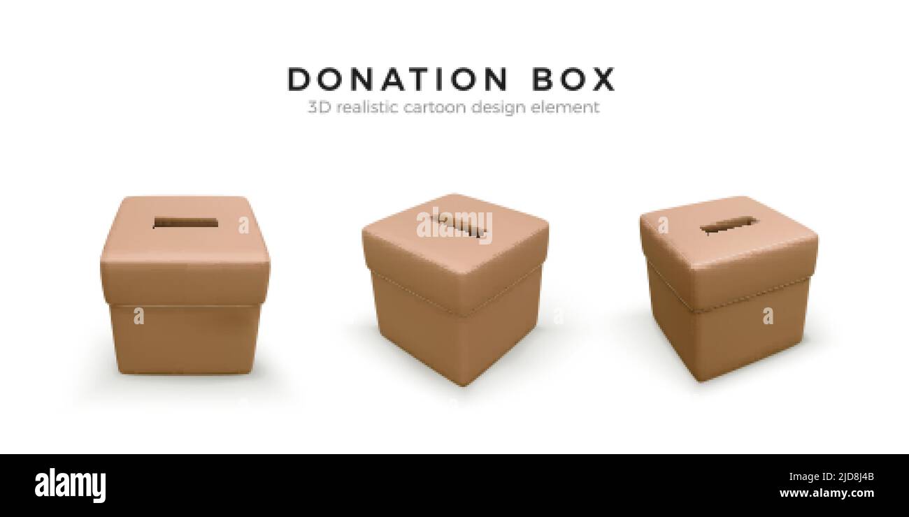 Set aus Spendenbox in Brawn-Farben. 3D realistische Charity-Box im Cartoon-Stil. Vektorgrafik Stock Vektor