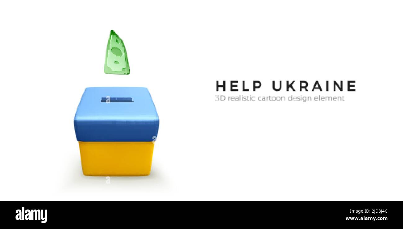 Fallen grüne Papier Dollar in Spende Box Farbe in der nationalen ukrainischen Flagge für Web-Banner. Spendenaktion für die Opfer des Krieges in der Ukraine. Vektor Stock Vektor