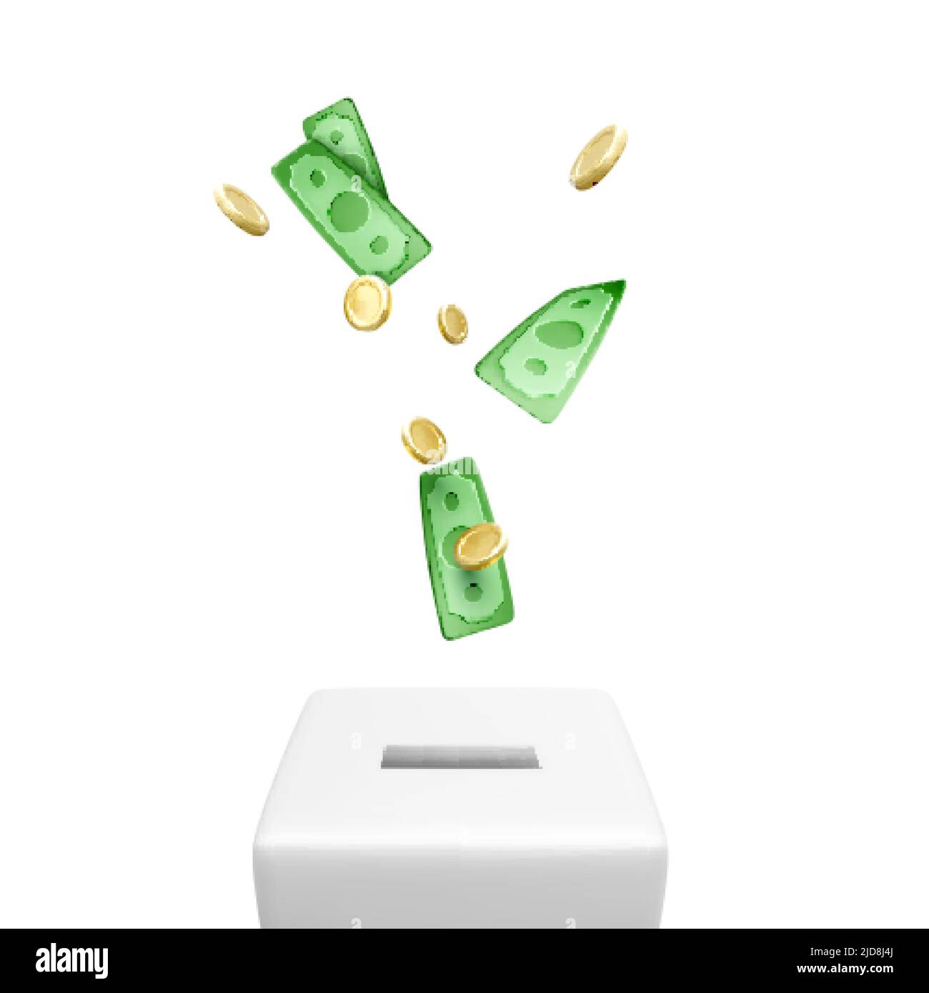 Spendenbox mit fallenden Goldmünzen und grünen Papierdollars. 3D realistisches Wohltätigkeitskonzept und Spendenkonzept. Vektorgrafik Stock Vektor