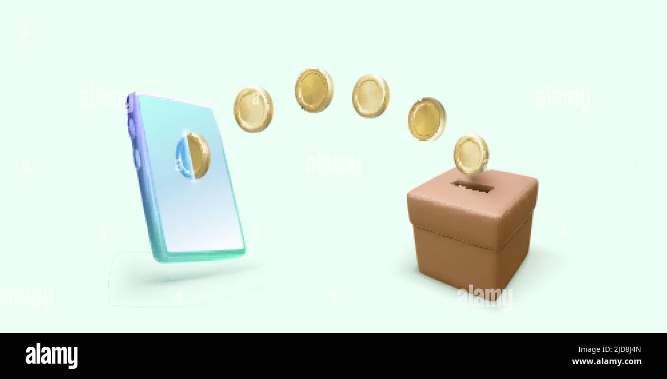 Fallende Goldmünzen vom Handy bis zur Spendenbox. Banner oder Vorlage für mobile App oder Online-Spendendienst. Vektorgrafik Stock Vektor