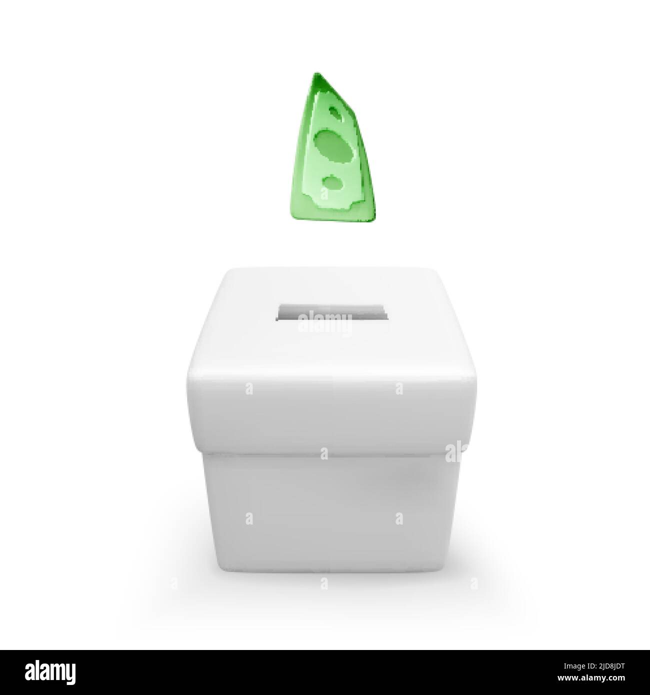 Weiße Spendenbox mit fallendem Papierdollar. 3D realistisches Wohltätigkeitskonzept und Spendenkonzept. Vektorgrafik Stock Vektor