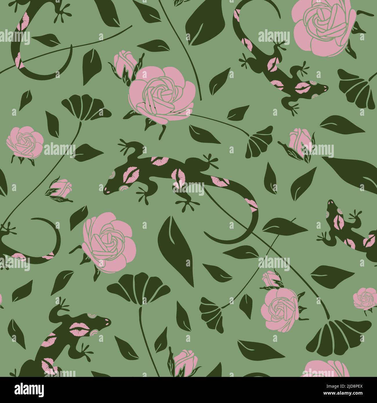 Nahtloses Vektor-Muster mit Gecko und Rosen auf grünem Hintergrund. Florales Tapetendesign mit Eidechsen. Wunderschöner Blumenstrauch. Stock Vektor