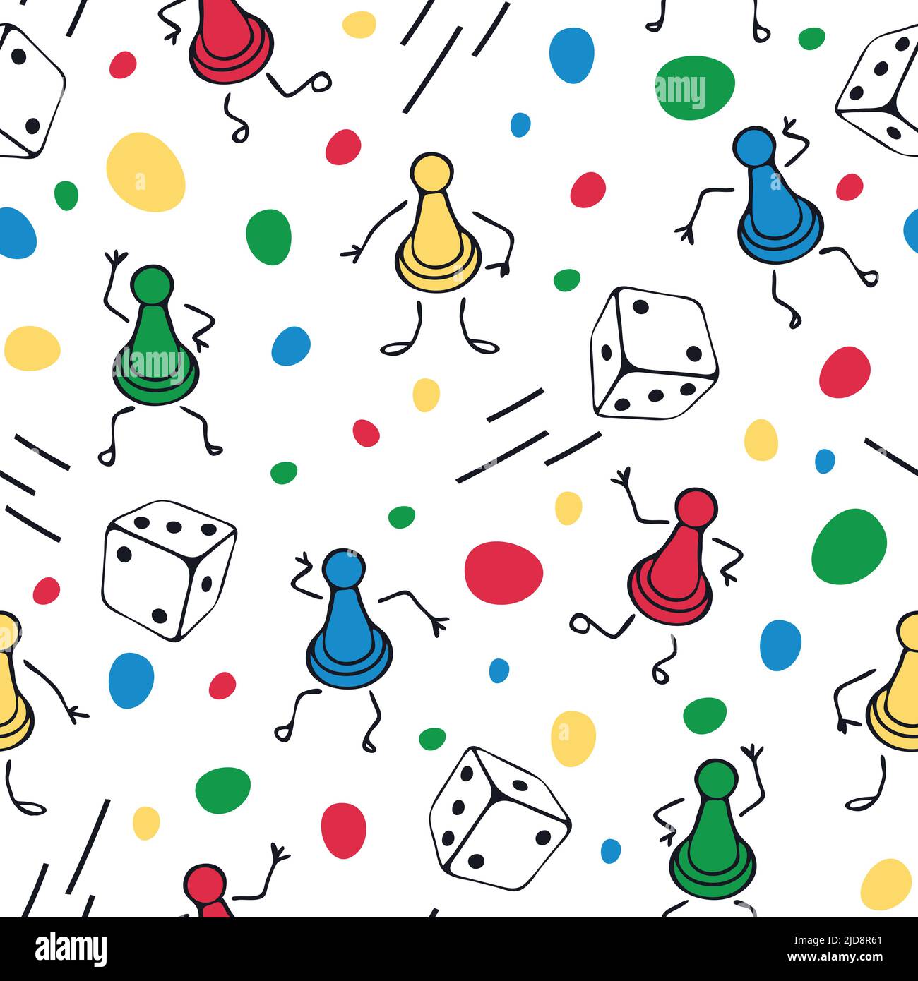 Nahtlose Vektor-Muster mit Brettspiel Würfel auf weißem Hintergrund. Cartoon Spiel Nacht Wallpaper Design für Kinder. Stock Vektor