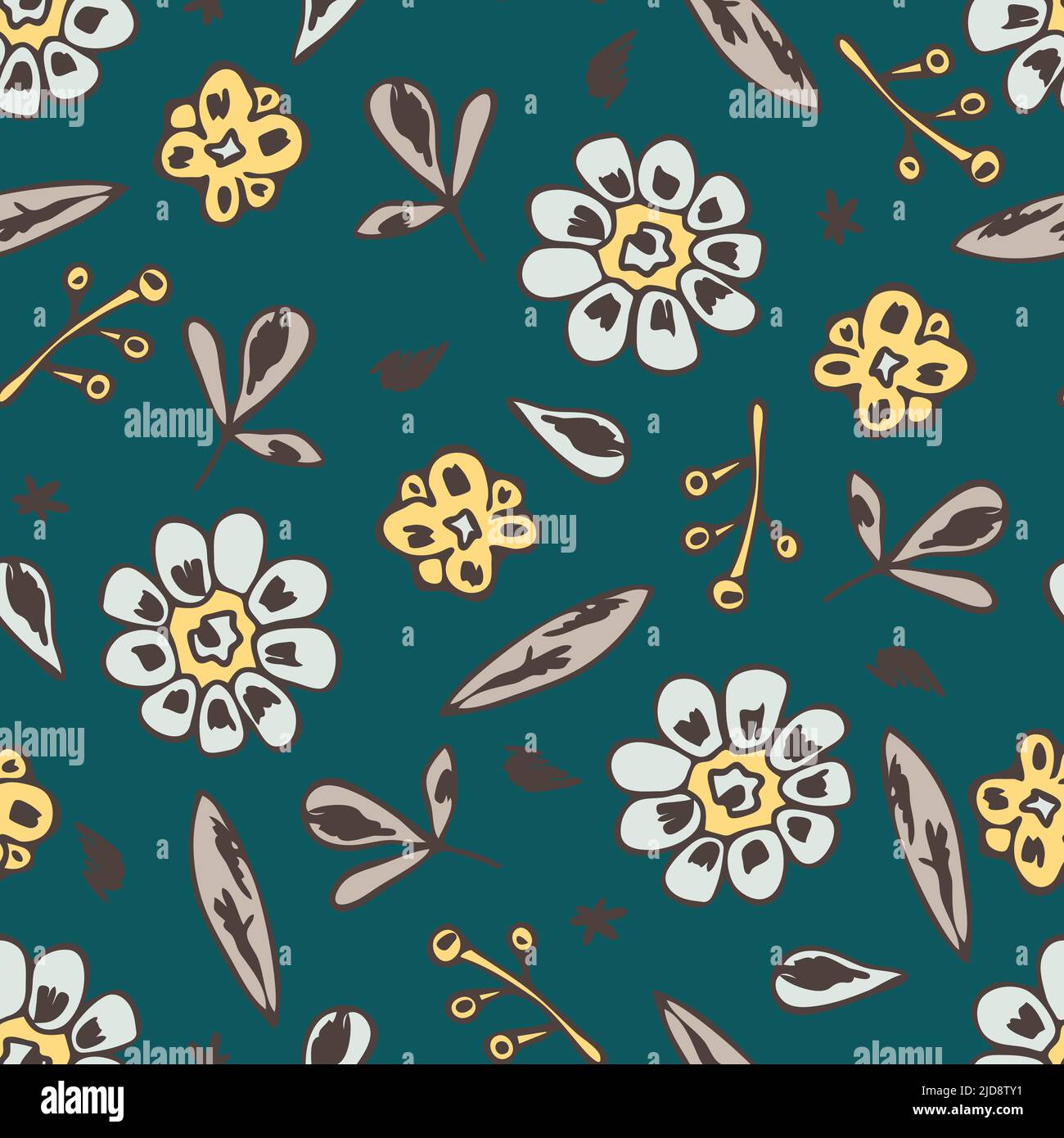 Nahtloses Vektor-Muster mit romantischen Blumen auf blaugrünem Hintergrund. Vintage florales Tapetendesign. Dekorative Boho-Mode Textil. Stock Vektor