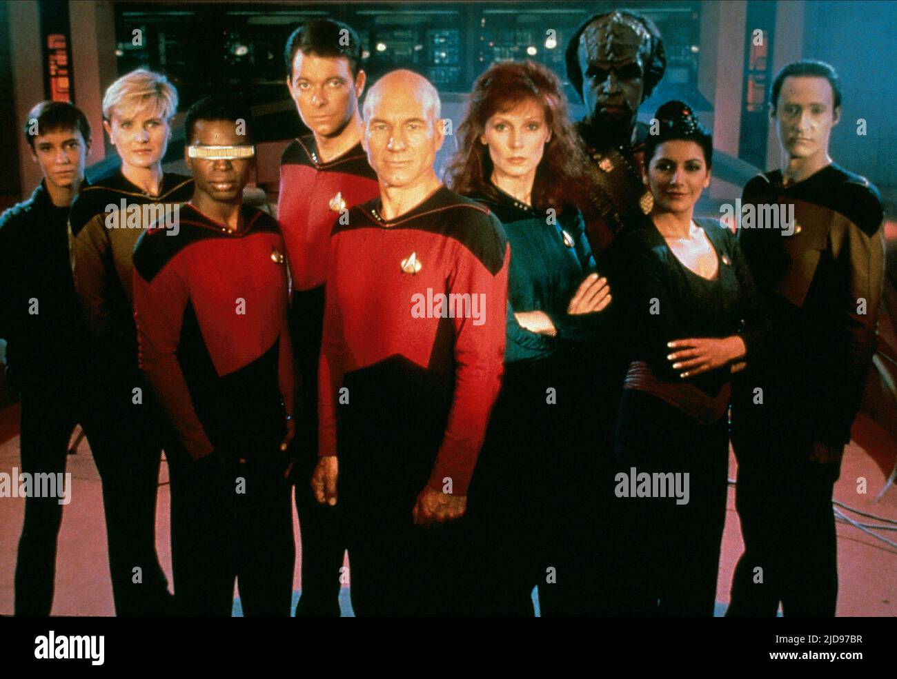 WHEATON, CROSBY, BURTON, FRAKES, STEWART, MCFADDEN, DORN, SIRTIS, STAR TREK: THE NEXT GENERATION, 1987, Stockfoto