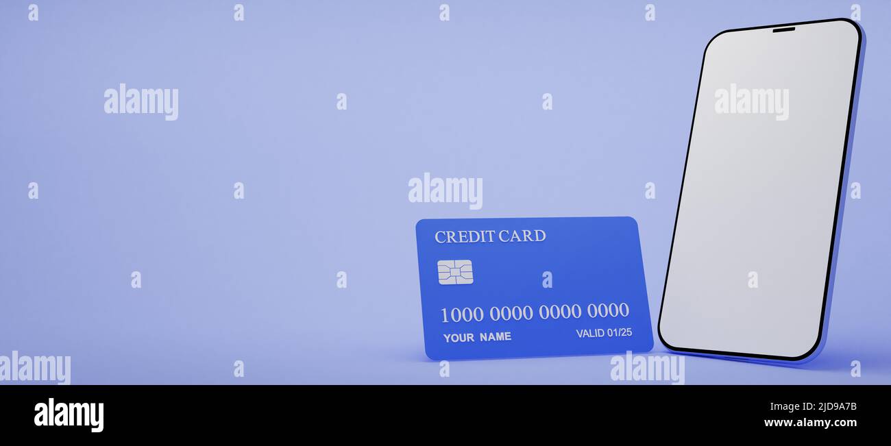 Telefon mit Kreditkarte auf blauem Hintergrund. Mobile Banking und ...