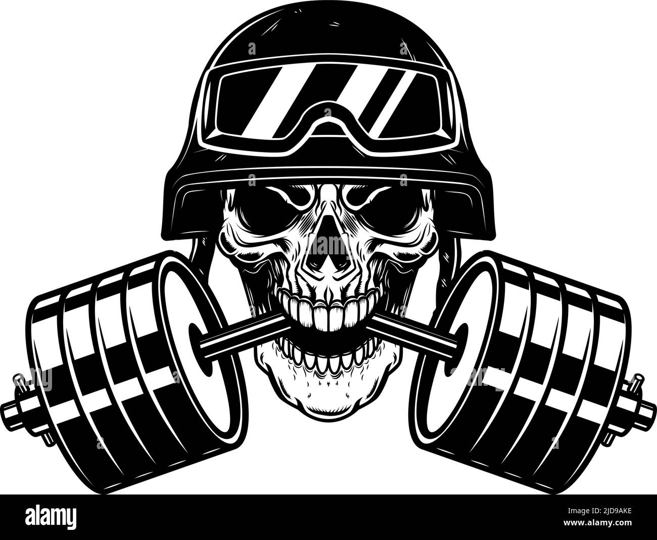 Soldat Schädel mit Langhantel in den Zähnen. Gestaltungselement für Logo, Emblem, Schild, Poster, T-Shirt. Vektorgrafik Stock Vektor