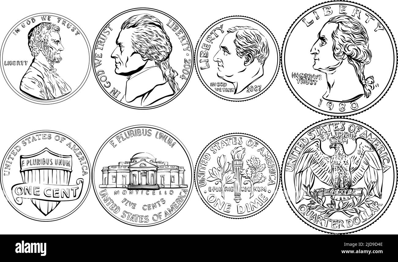 Satz von Überrevern und Überrevern des amerikanischen Geldes, eine, fünf, zehn und fünfundzwanzig Cent-Münzen, schwarz und weiß Stock Vektor