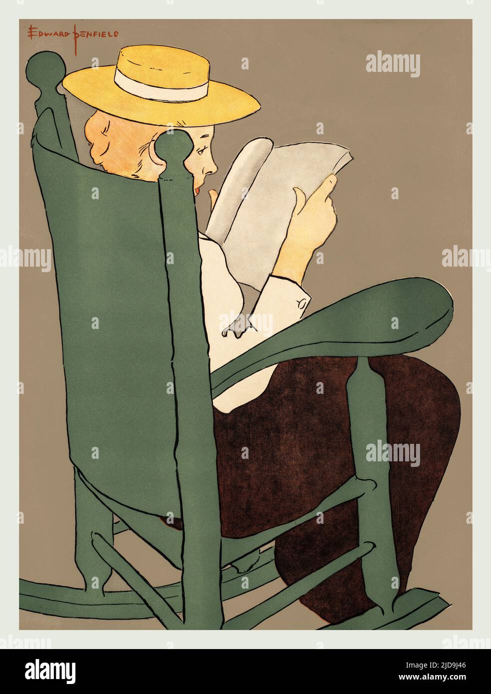 Ein Detail aus einer Illustration der Jahrhundertwende 20. von Edward Penfield (1866-1925), die von vielen als Vater des amerikanischen Plakats angesehen wurde. Zeigt eine Frau beim Lesen, während sie auf einem Schaukelstuhl sitzt. Ursprünglich ein Cover von Harper’s Magazine, dem ältesten Monat von allgemeinem Interesse in Amerika. Stockfoto