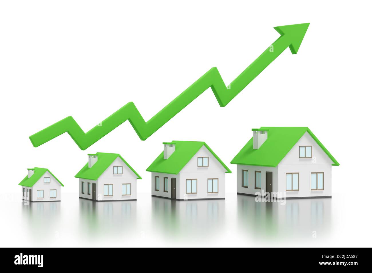 Konzept der steigenden Hauspreise. Wachsende Immobilien Grafik grüner Pfeil - 3D Rendering Stockfoto
