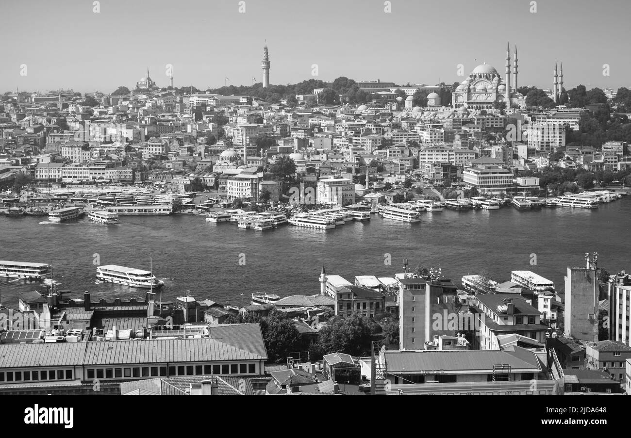 Schwarz-weiße Skyline von Istanbul, Blick auf den Eminonu-Bezirk. Das Goldene Horn liegt an der Küste mit der Suleymaniye Moschee auf einem Hintergrund Stockfoto