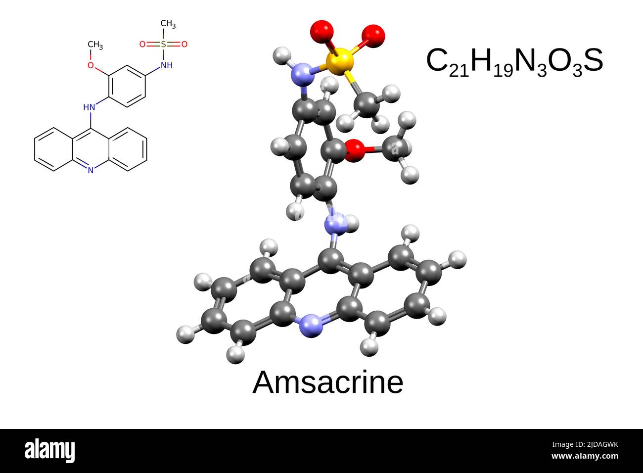 Chemische Formel, Skelettformel und 3D Ball-and-Stick-Modell des chemotherapeutischen Medikaments amsacrine, weißer Hintergrund Stockfoto
