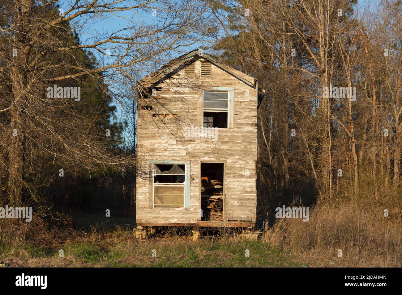 Ein ländliches Gehöft oder kleines Haus verlassen und zerbröckelt, überwuchert mit Pflanzen und Sträuchern. Stockfoto