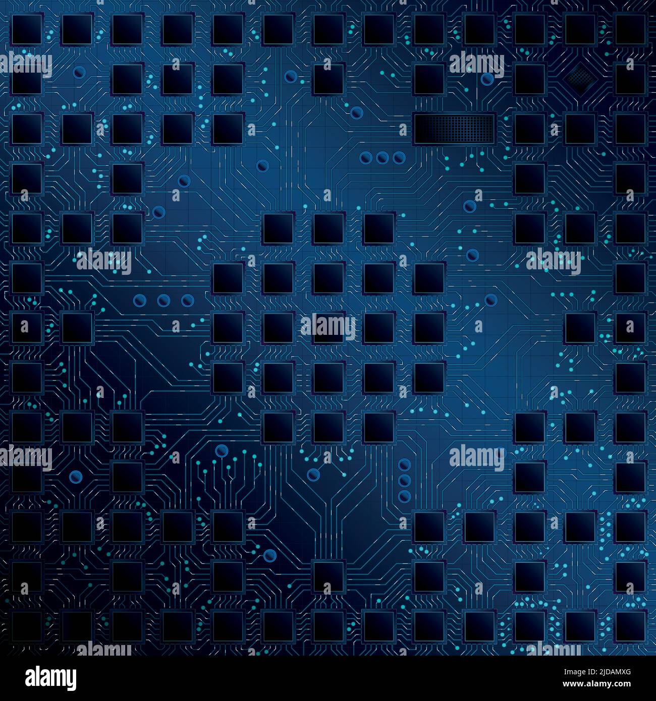 Komplexe Leiterplatte mit mehreren quadratischen Chips, die durch blaue Linien verbunden sind, wobei sich die Informationen auf einem dunkelblauen Hintergrund bewegen. Vektorbild Stock Vektor