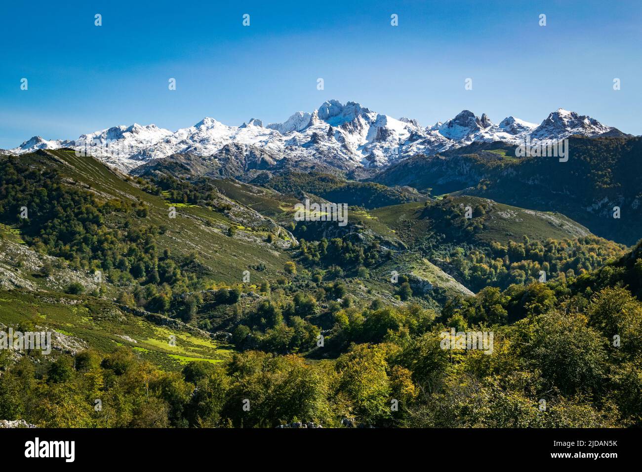 Schneebedeckte Berge in Covadonga, Asturien, Spanien. Stockfoto