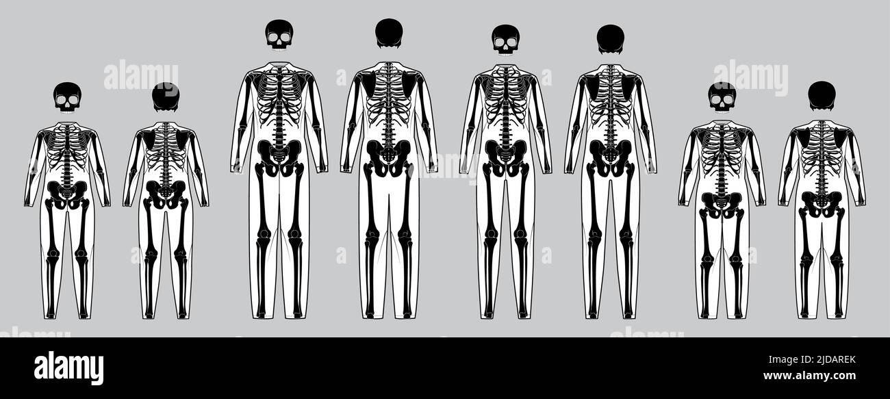 Set Skelett Kostüm menschliche Knochen für die ganze Familie Vorderansicht Männer Frauen Kinder - Junge, Mädchen für Halloween, Festivals, Druck auf Kleidung flach schwarz Farbe Konzept Vektor-Illustration isoliert Stock Vektor
