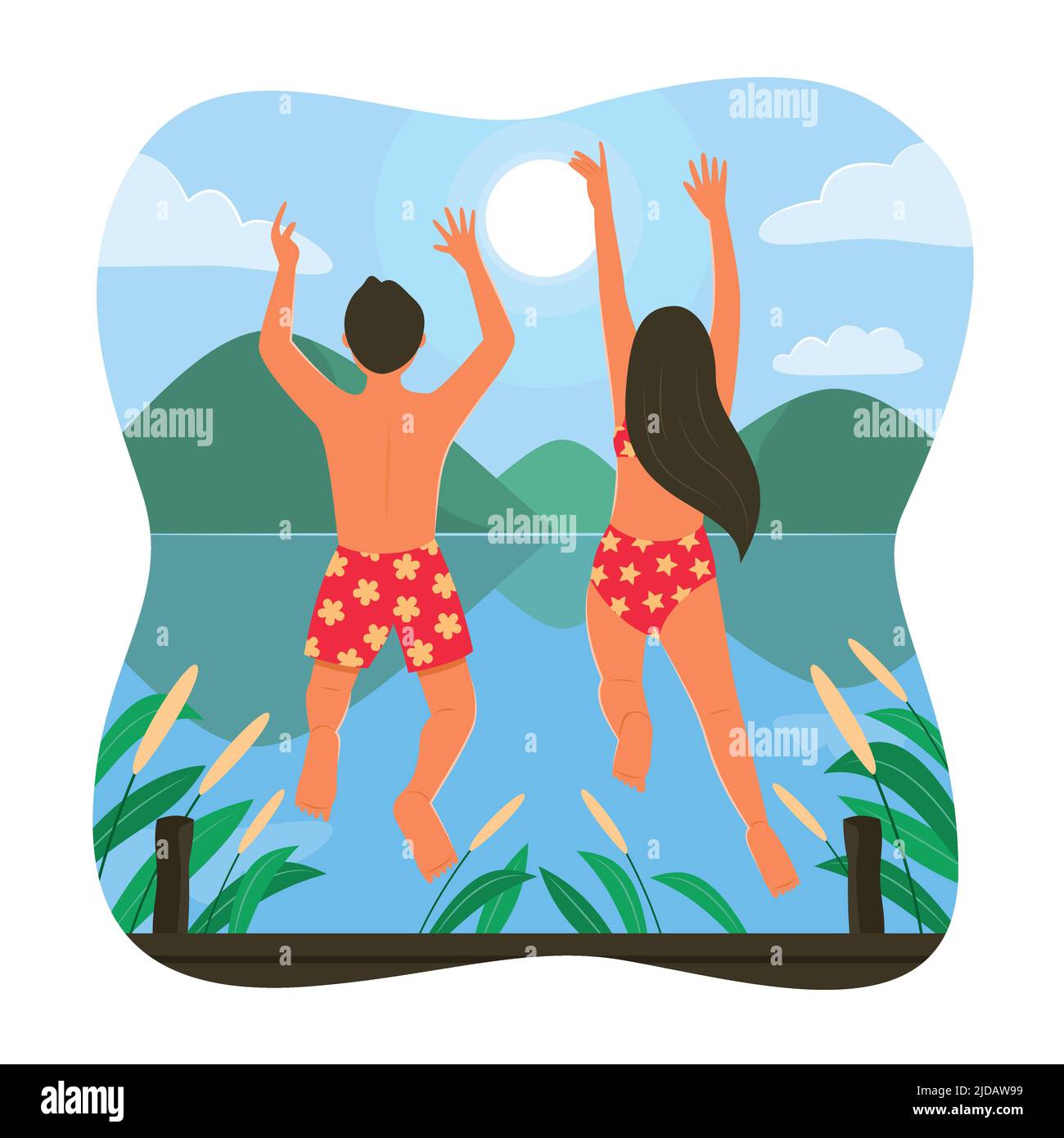 Teenager, die in den See springen, um die Sommersaison zu genießen. Stock Vektor