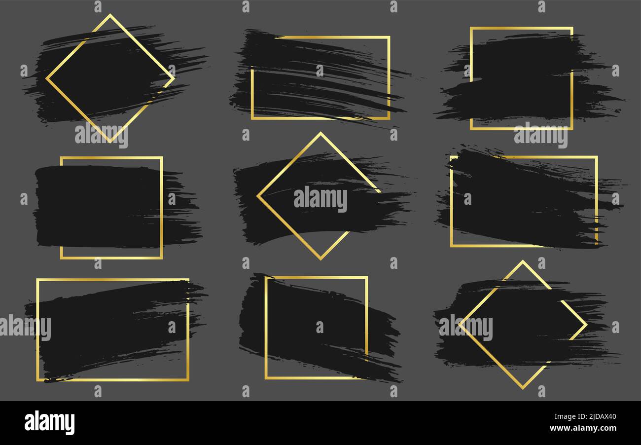 Breites, flaches Set mit goldenem Rahmen und großem Logo. Trockene Textur Borsten Papier Schwamm drucken Graffiti Grunge Tinte Blot Stempel verschmiert durchgestrichen chaotisch Farbe schmieren Hintergrund txt abstrakte Form isoliert Stock Vektor