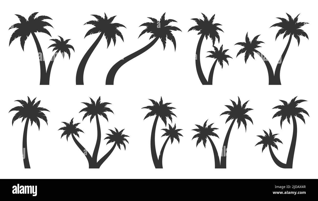 Palme tropisch Pflanze Blatt schwarz Silhouette Set. Tropische unbewohnte Insel belaubte subtropische Stempel Aufkleber Etikett verschiedene Form. Element Postkarte Reise Urlaub Sommer Wald isoliert auf weiß Stock Vektor