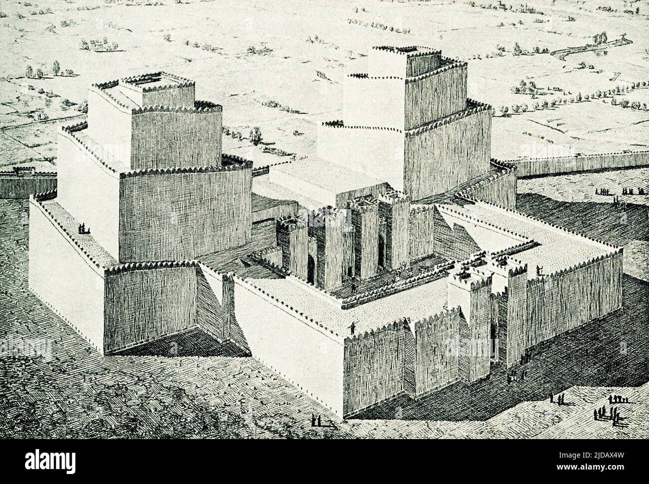 Hier ist eine rekonstruierte Ansicht des Ziggurat in Assur (auch bekannt als Ashur und Qal'at Sherqat), der Hauptstadt des altassyrischen Staates, des mittelassyrischen Reiches und für eine Zeit des neo-assyrischen Reiches. Die Ziggurat war dem gott Ashur gewidmet, Assur befand sich am Tigris River in Mesopotamien (jetzt Nordirak). Sie stammt aus rund 4.000 Jahren. Die Ziggurat ist die markanteste architektonische Erfindung des Alten Nahen Ostens. Wie eine alte ägyptische Pyramide hat eine alte nahöstliche Ziggurat vier Seiten und erhebt sich zum Reich der Götter. Im Gegensatz zu ägyptischen Pyramiden, Th Stockfoto