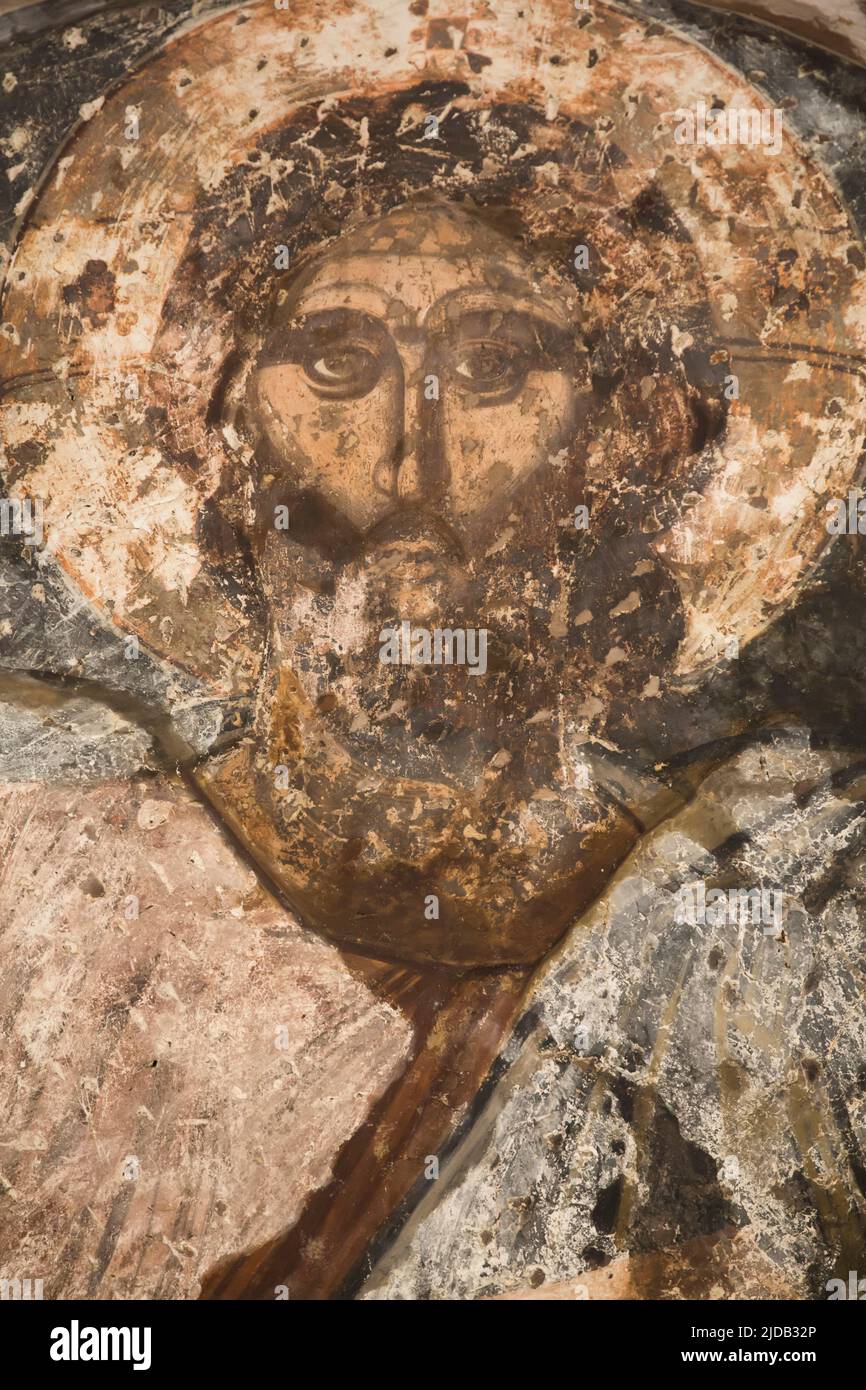 Nahaufnahme der Deckenfresken der Heiligen Apostel Heilige Orthodoxe Kirche im antiken Agora; Athen, Griechenland Stockfoto